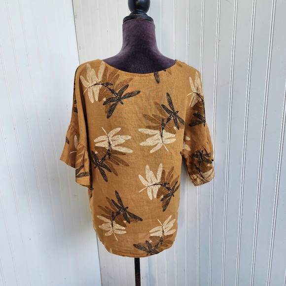 ELENA BALDI Italy Women's 100% Linen Dragonfly Ruffle Sleeve Top Brown Tan Sz S - Picture 5 of 11